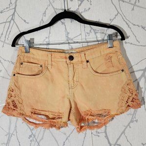 Free People Orange Acid Wash Distressed Lace Denim Shorts